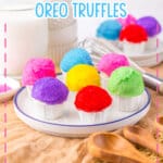 Rainbow snowcone oreo truffles on a white plate.