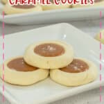 Salted caramel cookies on a white plate.