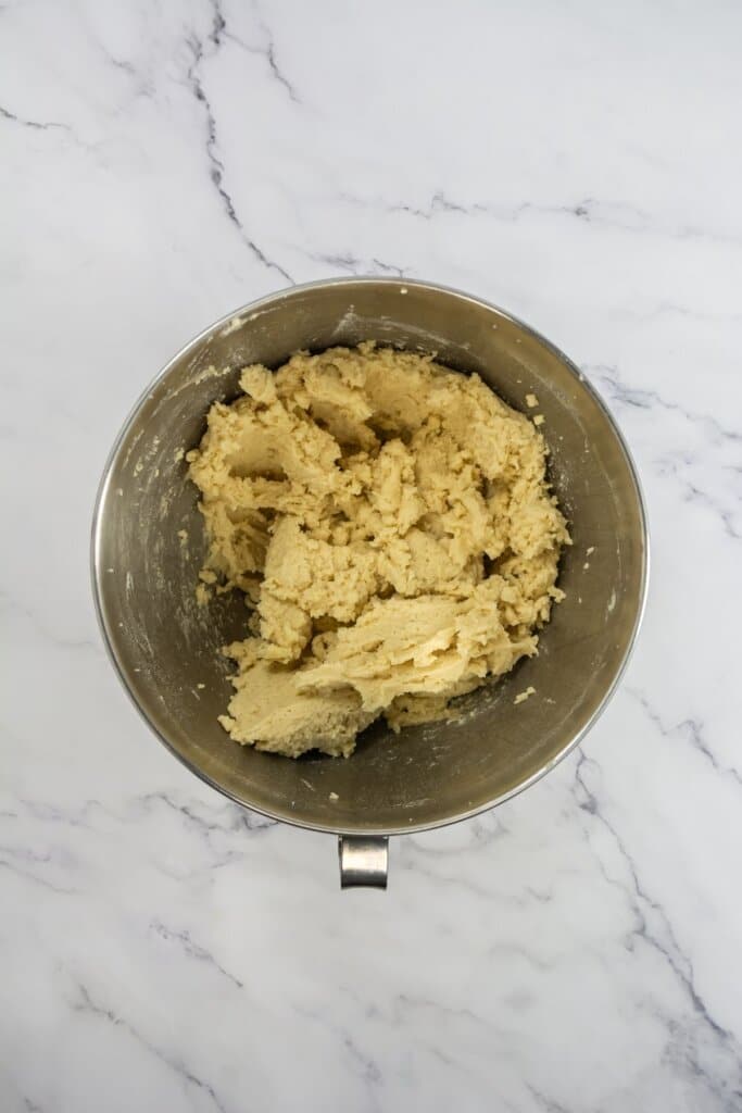 Dough mixed in a stainless steel mixing bowl.