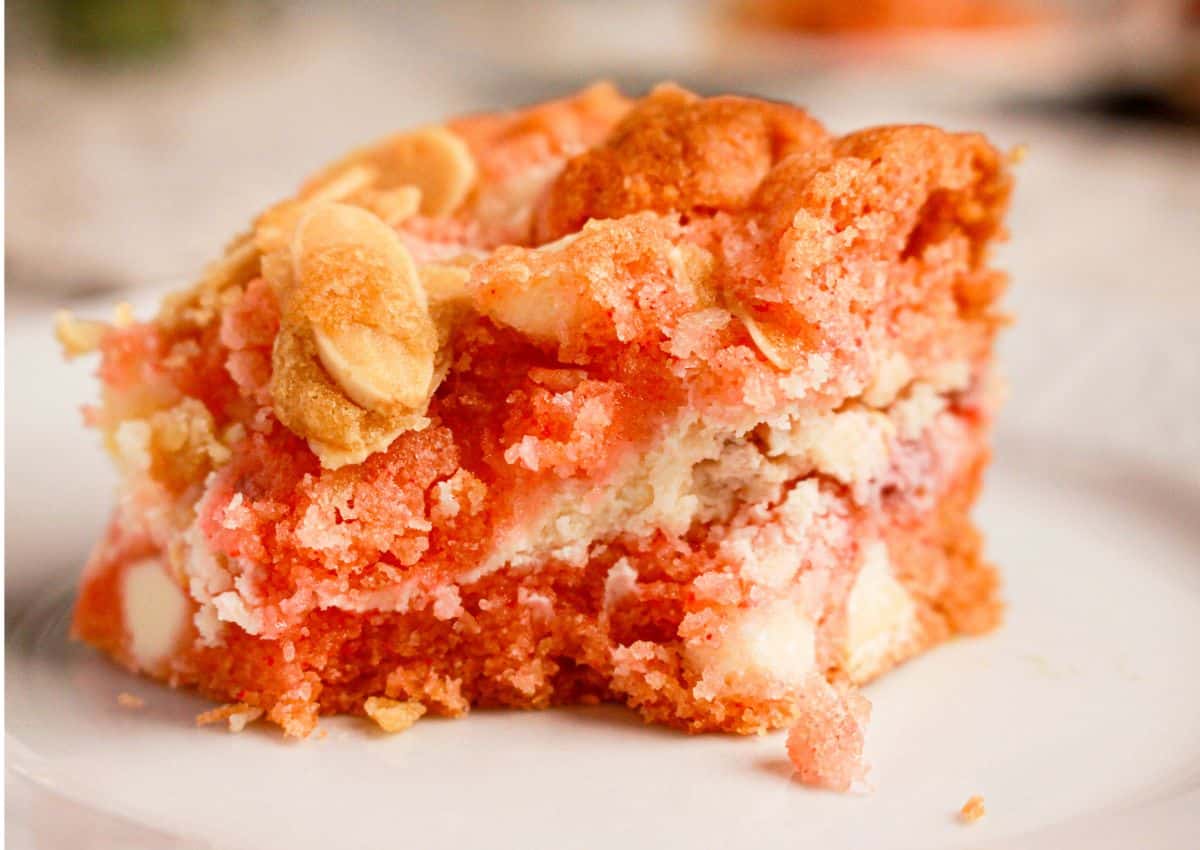 Strawberry brownie on a white plate.