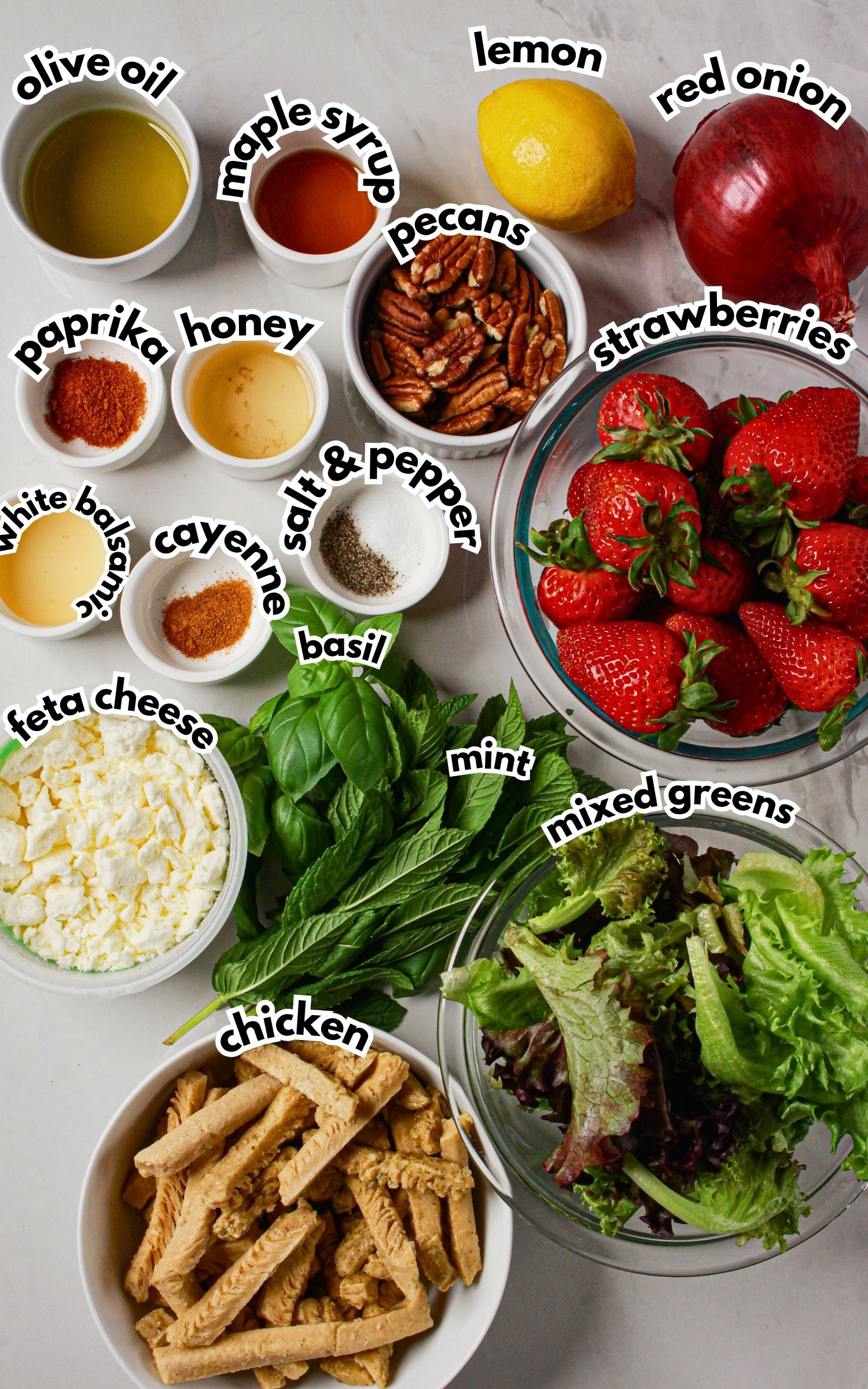 Bowls of ingredients labelled with text.
