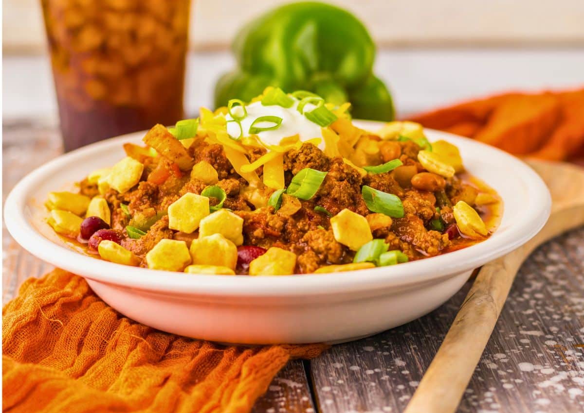 White bowl full of wendy's chili.