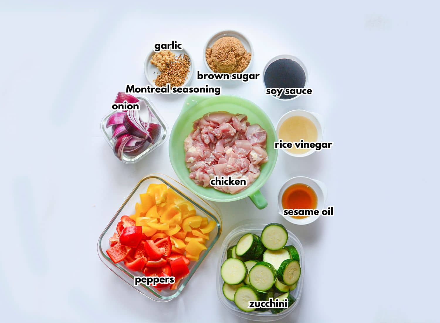 Bowls of ingredients labelled with text.