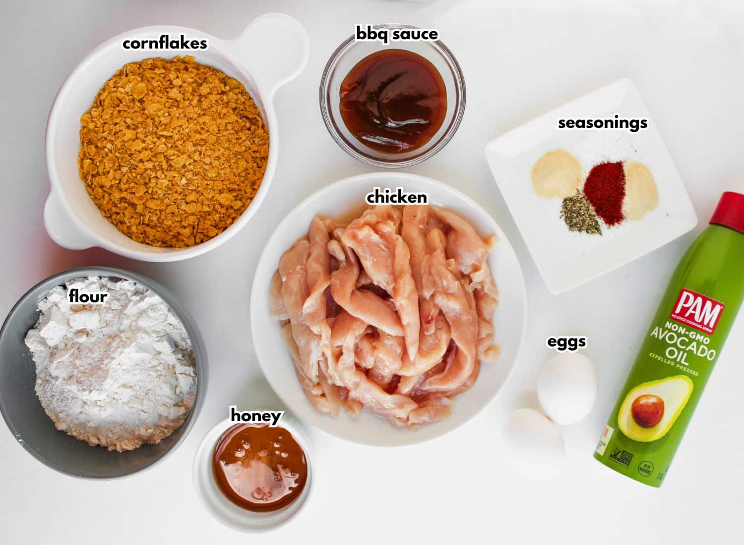 Bowls of ingredients labelled with text.