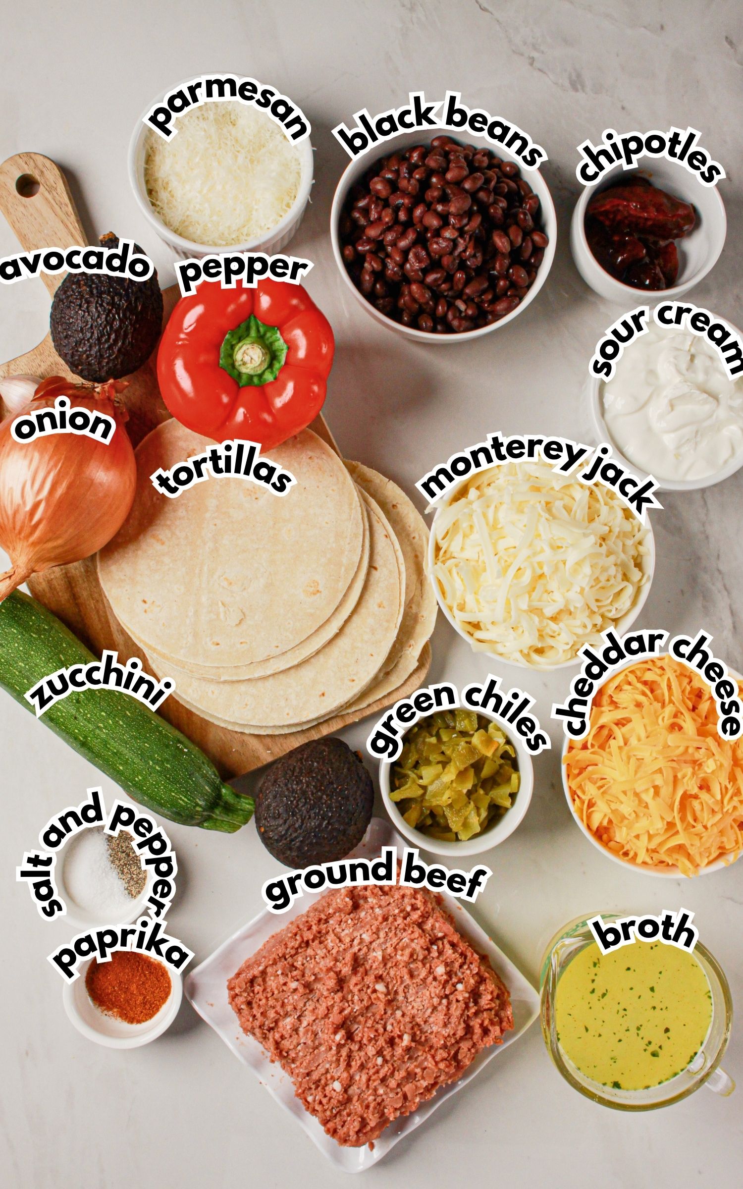 Bowls of ingredients labelled with text.