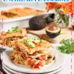 Slice of ground beef enchilada casserole on a small plate.