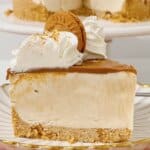 Slice of biscoff cheesecake on a scalloped plate.