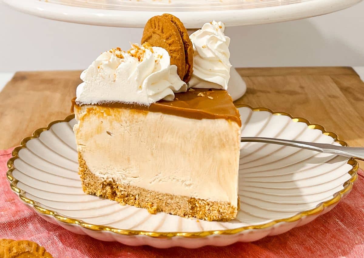 Slice of biscoff cheesecake on a scalloped plate.