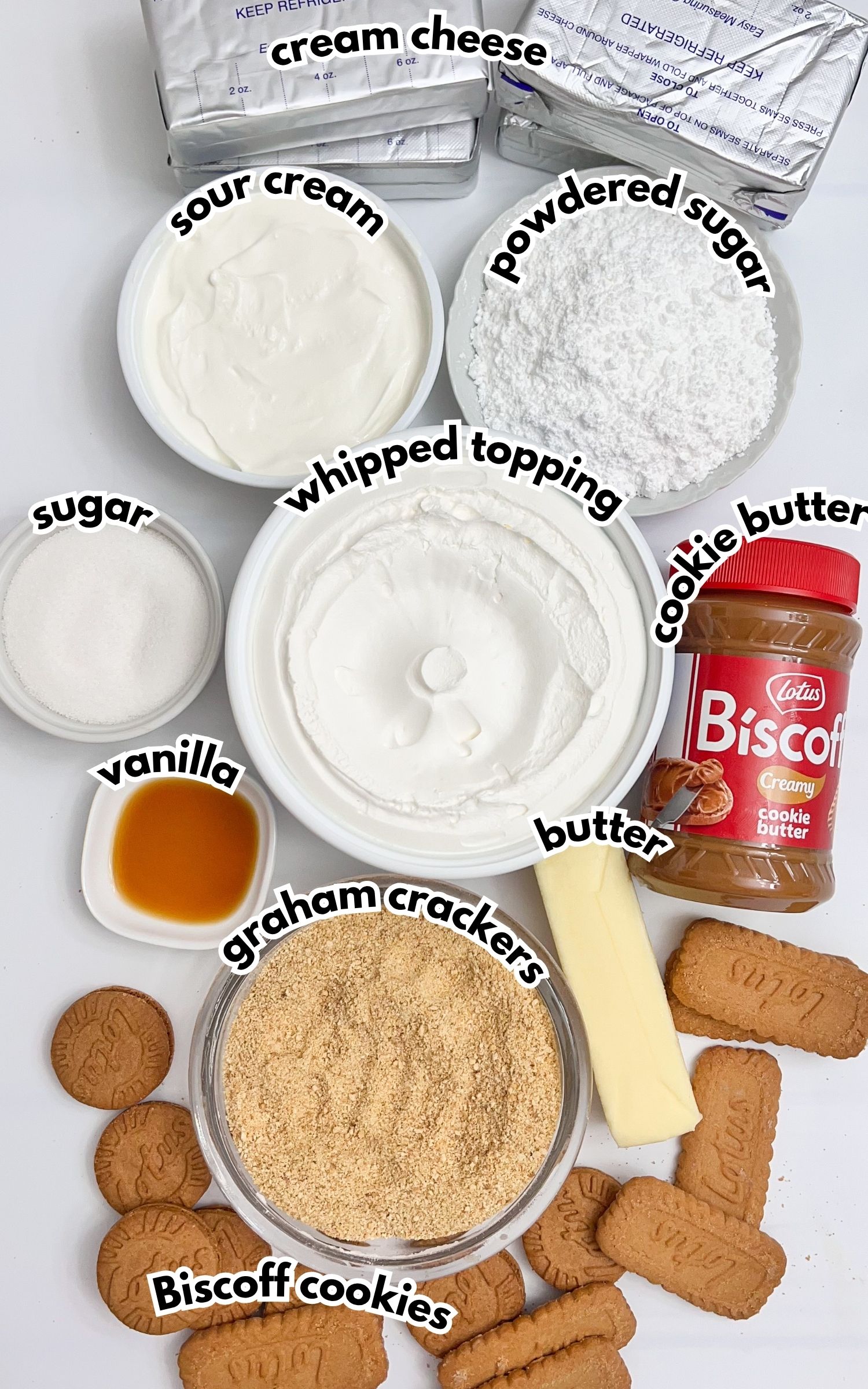 Bowls of ingredients on a counter labelled with text.