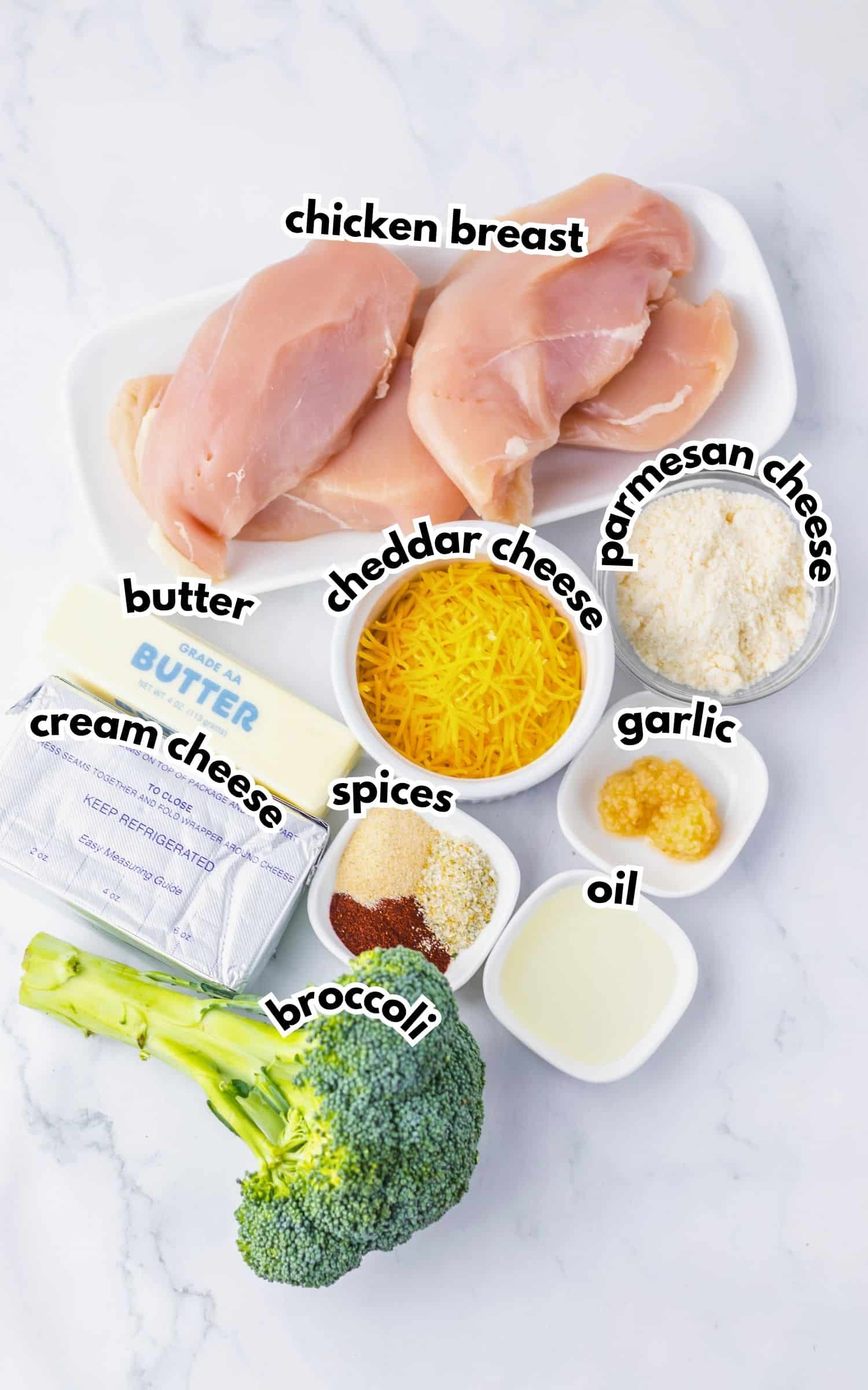 Bowls of ingredients labelled with text on a counter.
