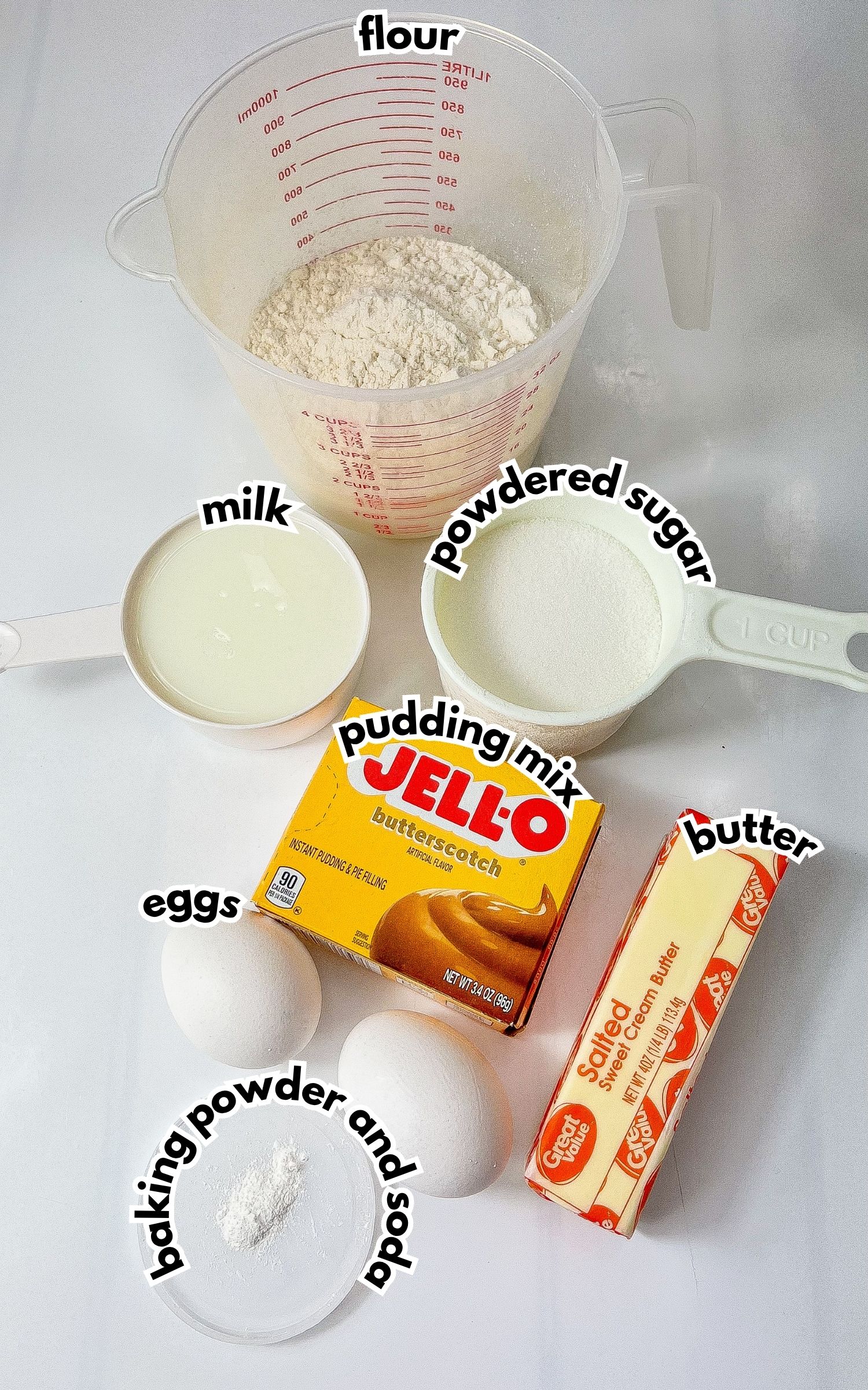 Bowls of ingredients labelled with text on a counter.