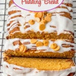 Slices of butterscotch pudding bread on a wire rack.