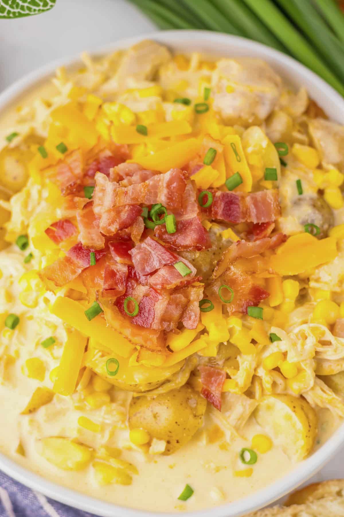 White bowl filled with chicken corn chowder.