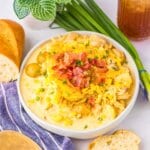 White bowl filled with chicken corn chowder.