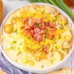 White bowl filled with chicken corn chowder.