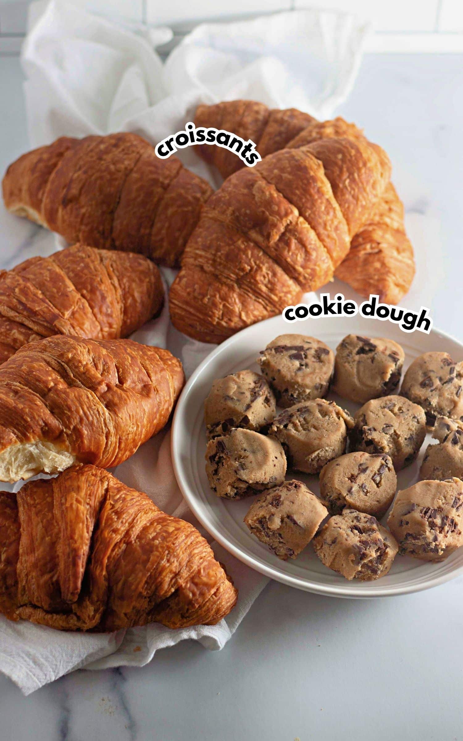Ingredients on a counter labelled with text ready to cook.