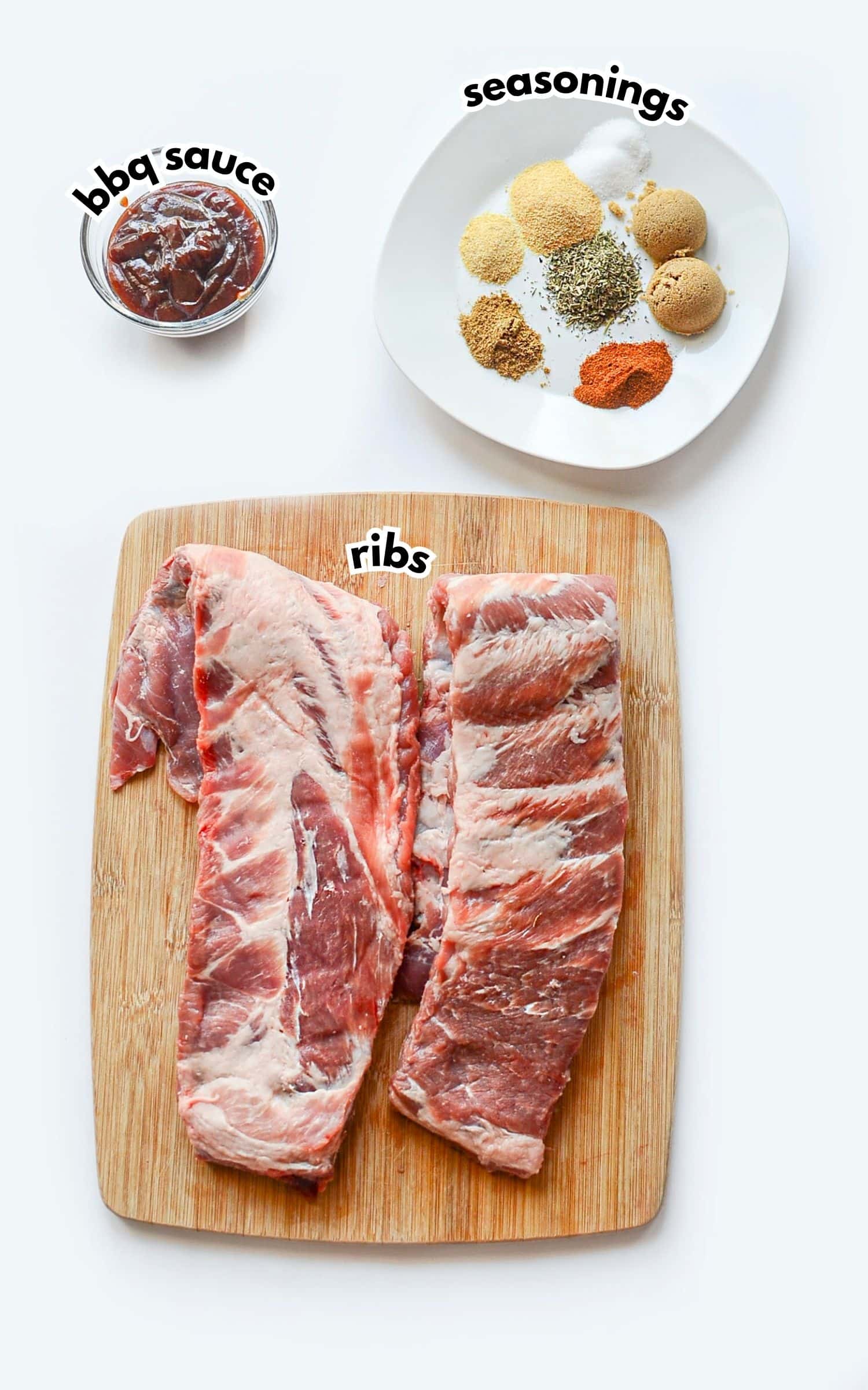 Ingredients labelled with text on a counter.