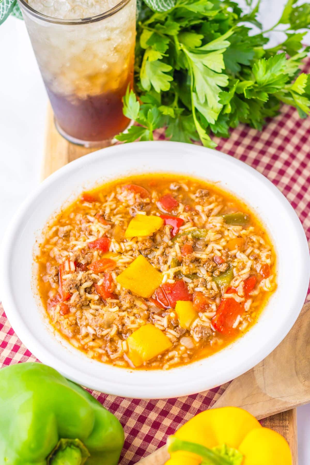 White bowl full of stuffed pepper soup.