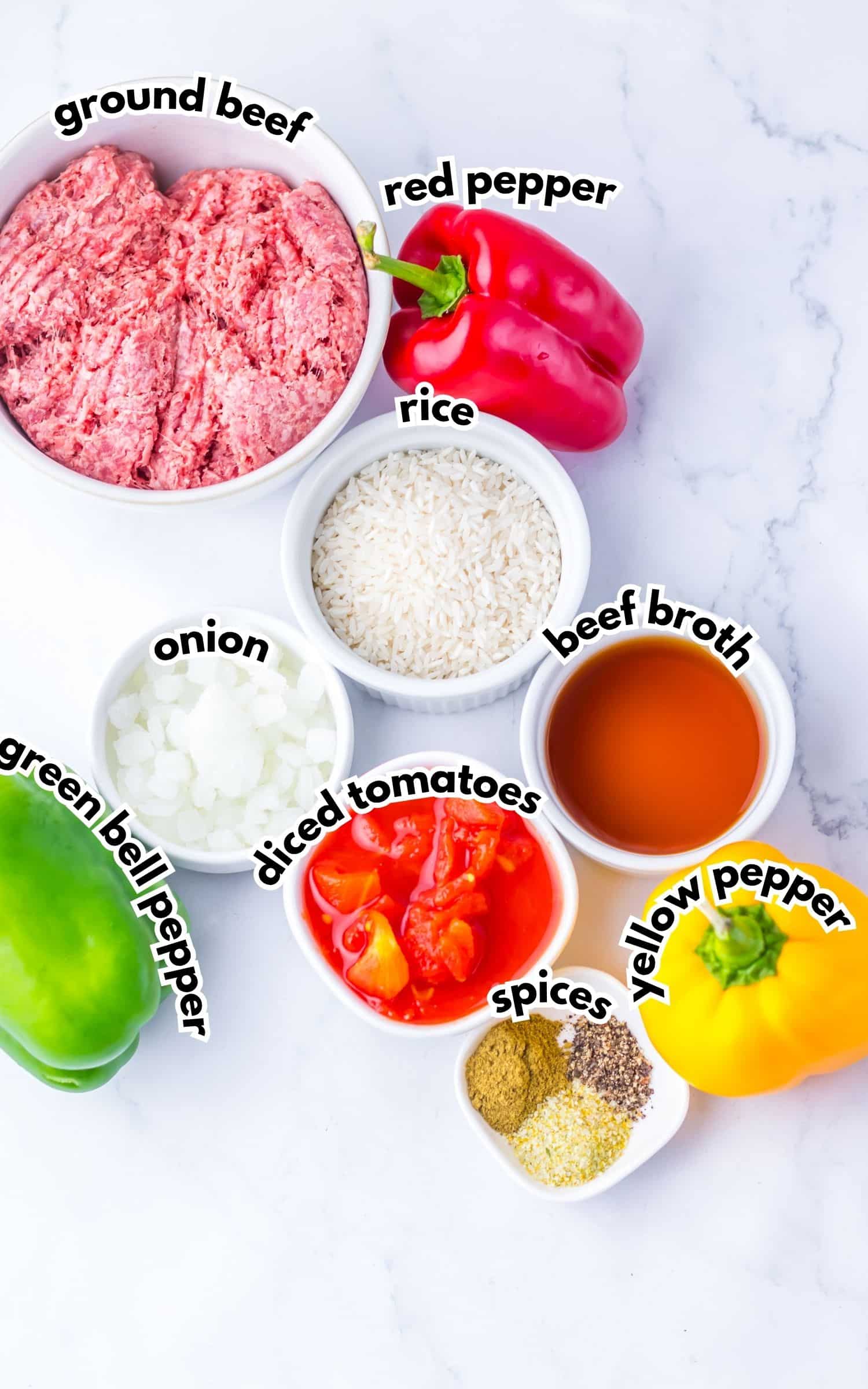 Ingredients on a counter labelled with text.