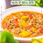 White bowl full of stuffed pepper soup.