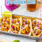 Garlic honey bbq chicken tacos on a metal serving tray.