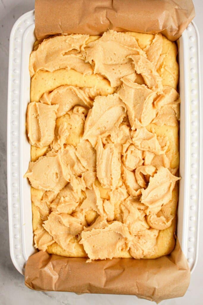 Dough layered in a baking dish.