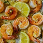 Lemon garlic butter shrimp in a skillet.