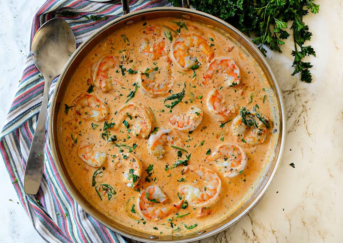 Marry me shrimp in a stainless steel pot.