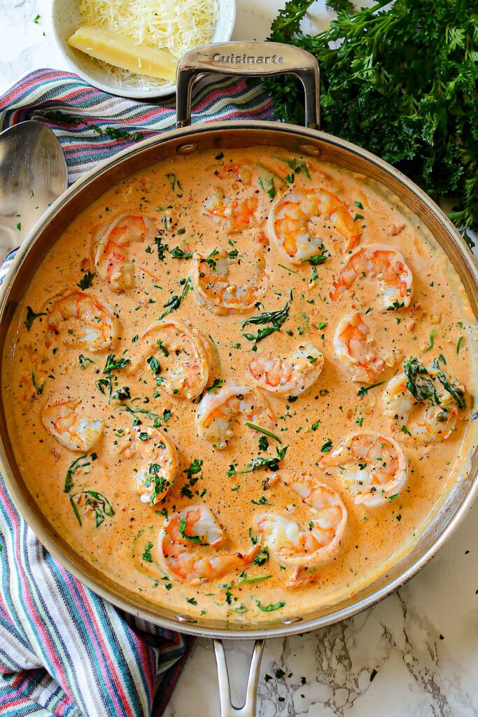Marry me shrimp in a stainless steel pot.