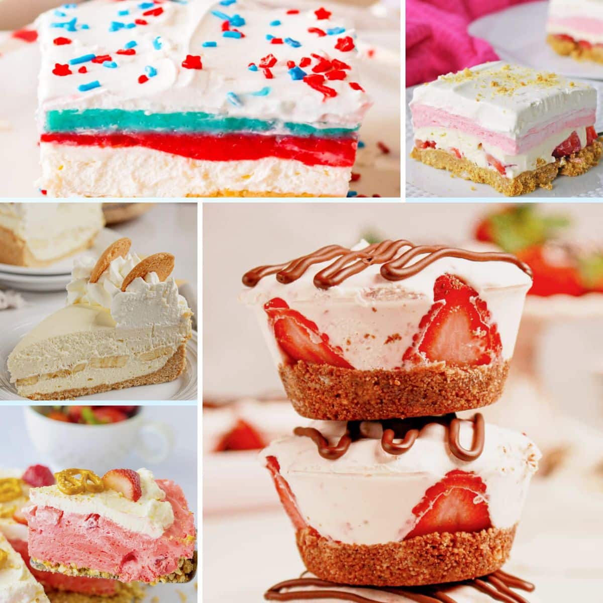 Collage of no bake desserts.