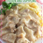 Chicken and dumplings and mashed potatoes on a plate.