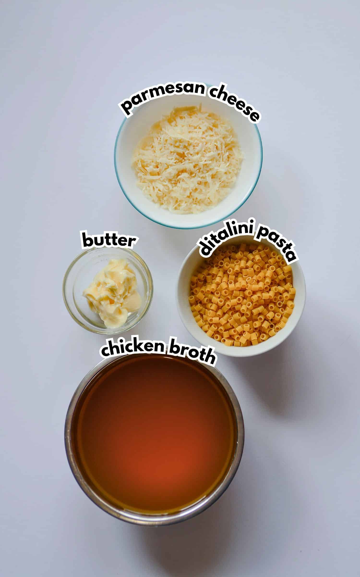 Bowls of ingredients labeled with text.