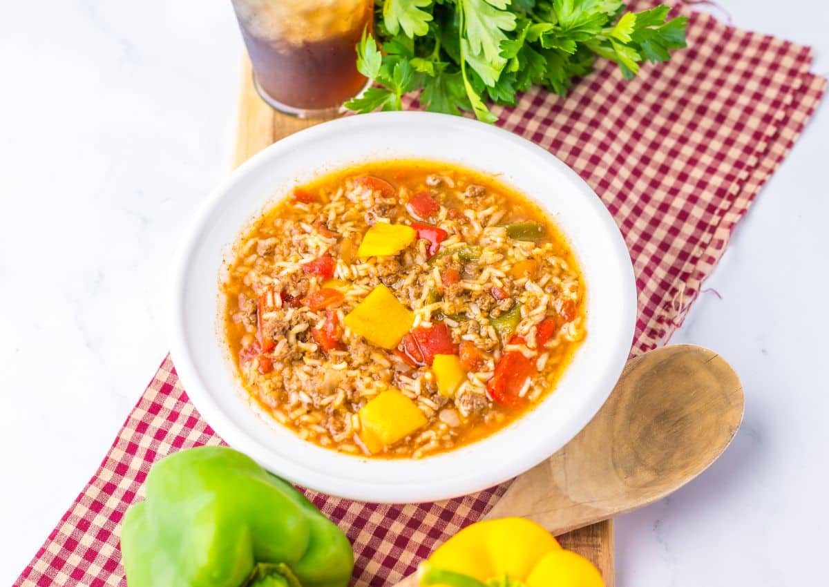 White bowl full of stuffed pepper soup.