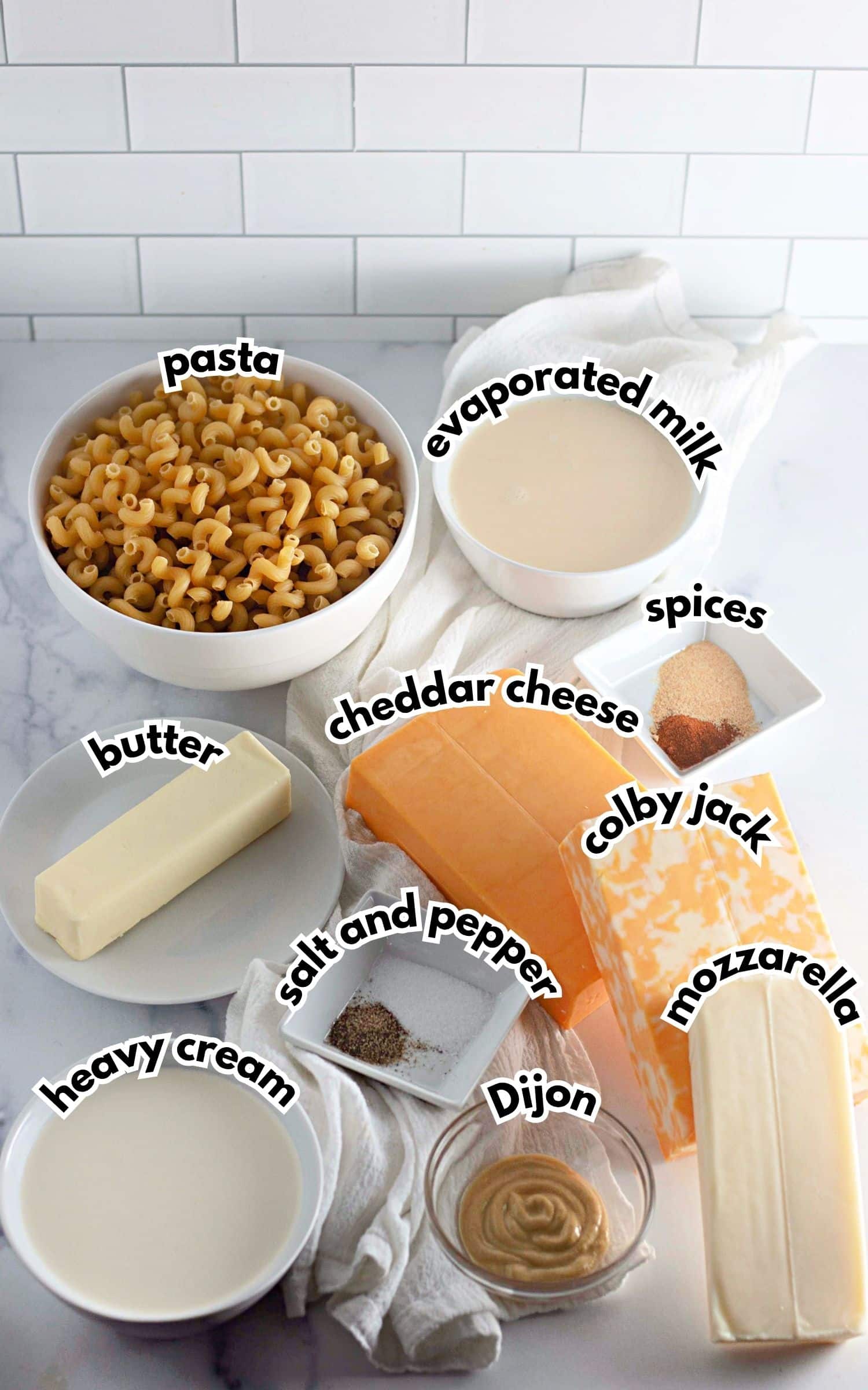 Bowls of ingredients labelled with text.
