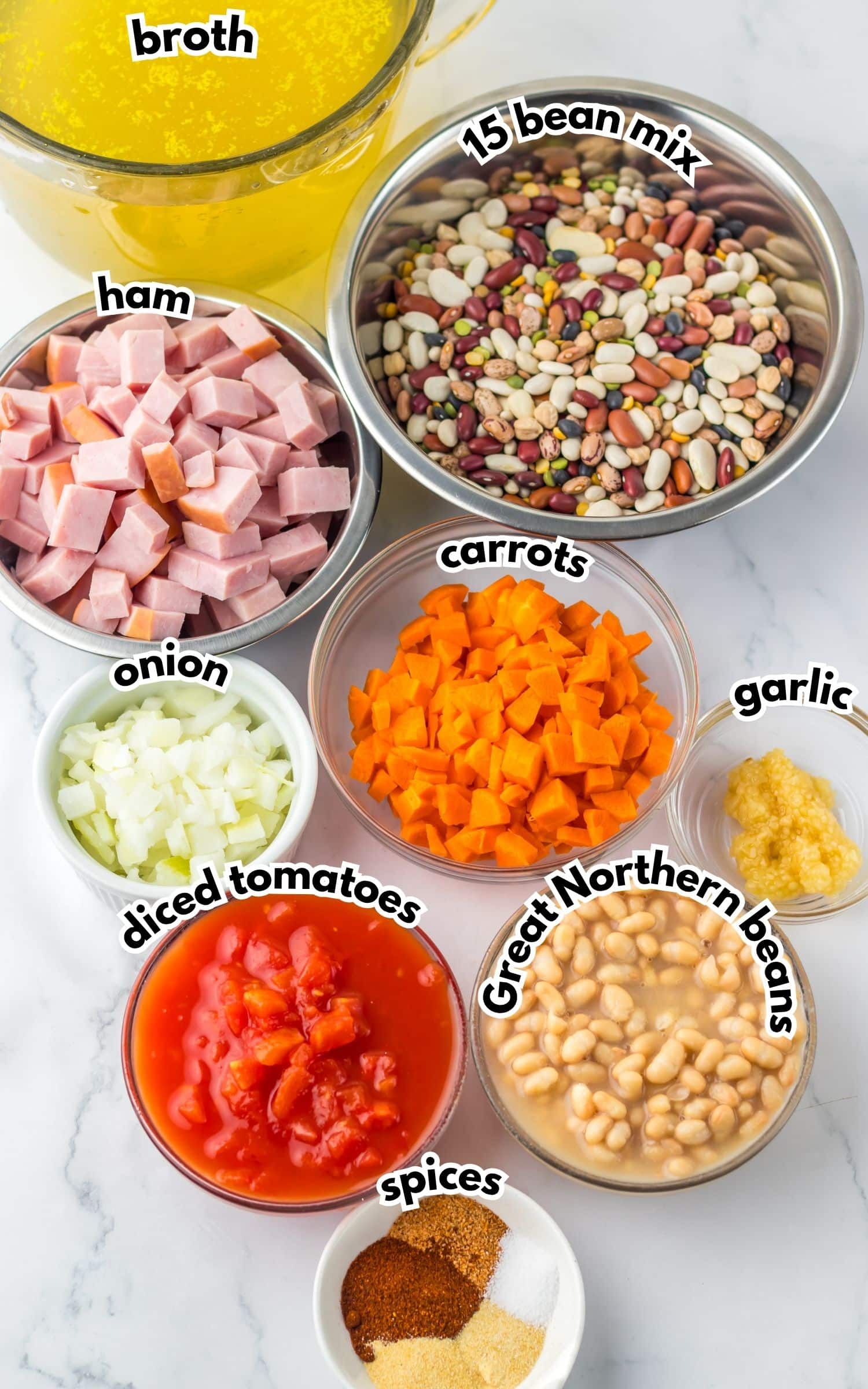Bowls of ingredients labelled text.