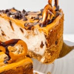 A slice of peanut butter chocolate cheesescake