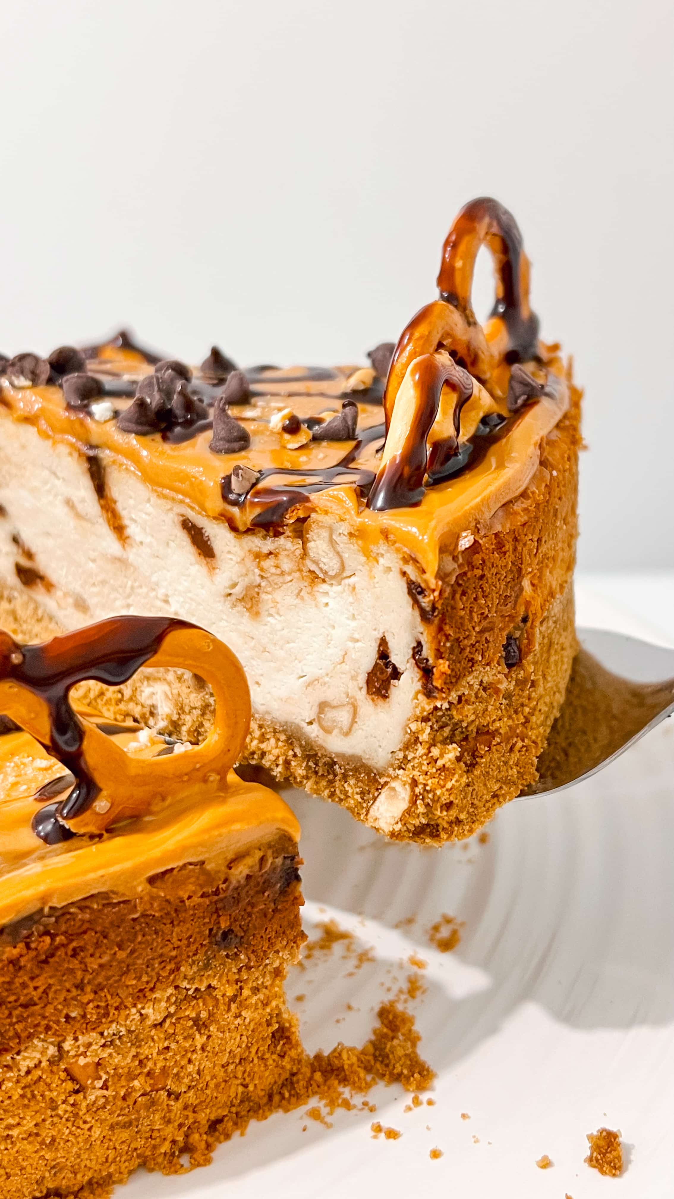 A slice of peanut butter chocolate cheesescake
