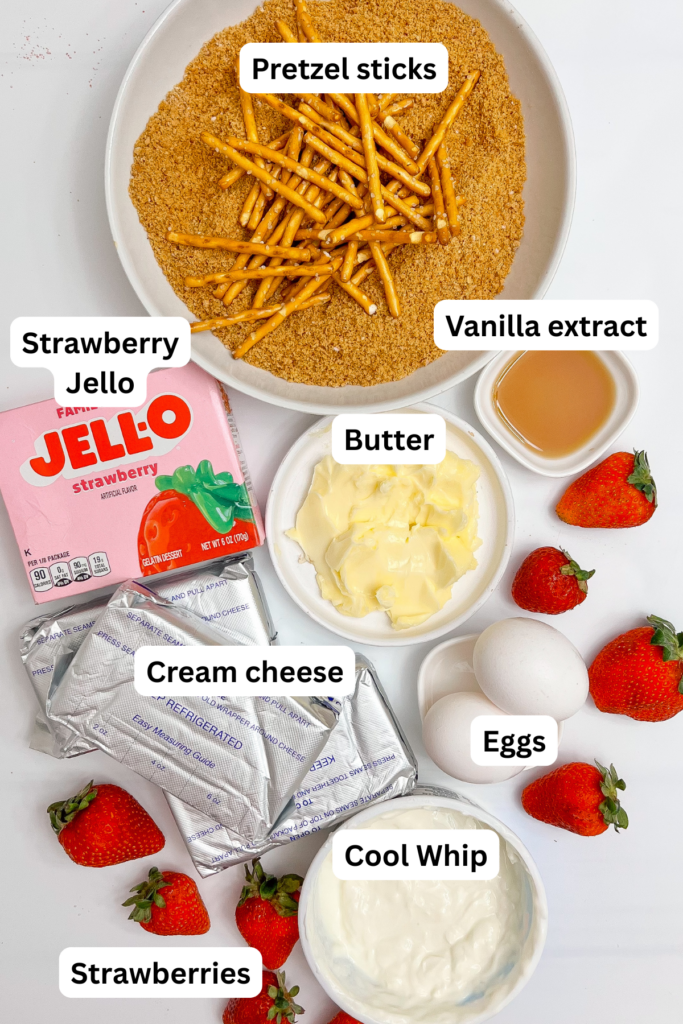 Ingredients needed to make the strawberry pretzel salad cheesecake recipe.