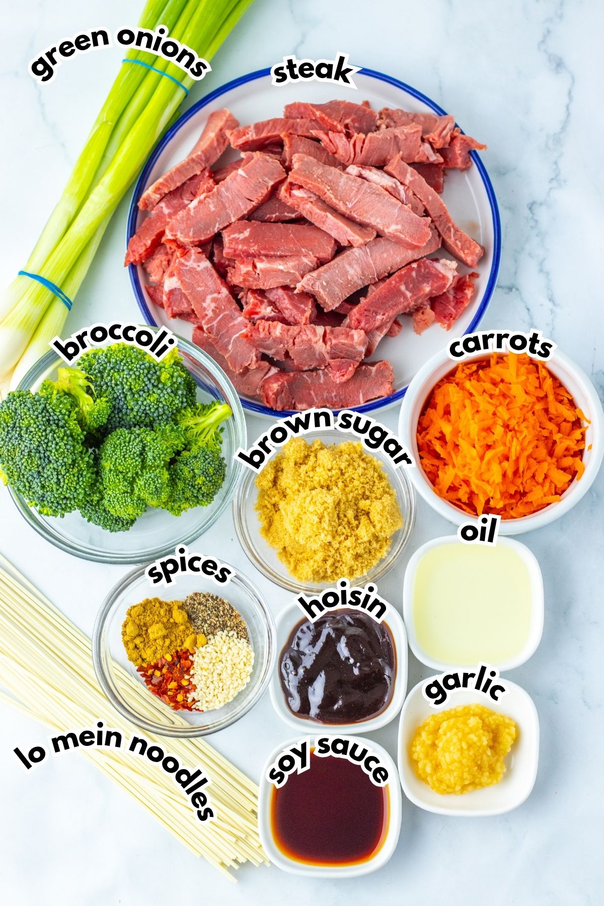 Bowls of ingredients labelled with text.
