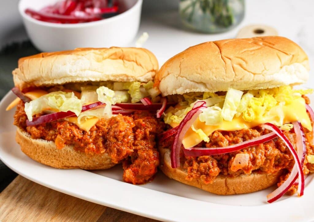 Big mac sloppy joes on a plate.