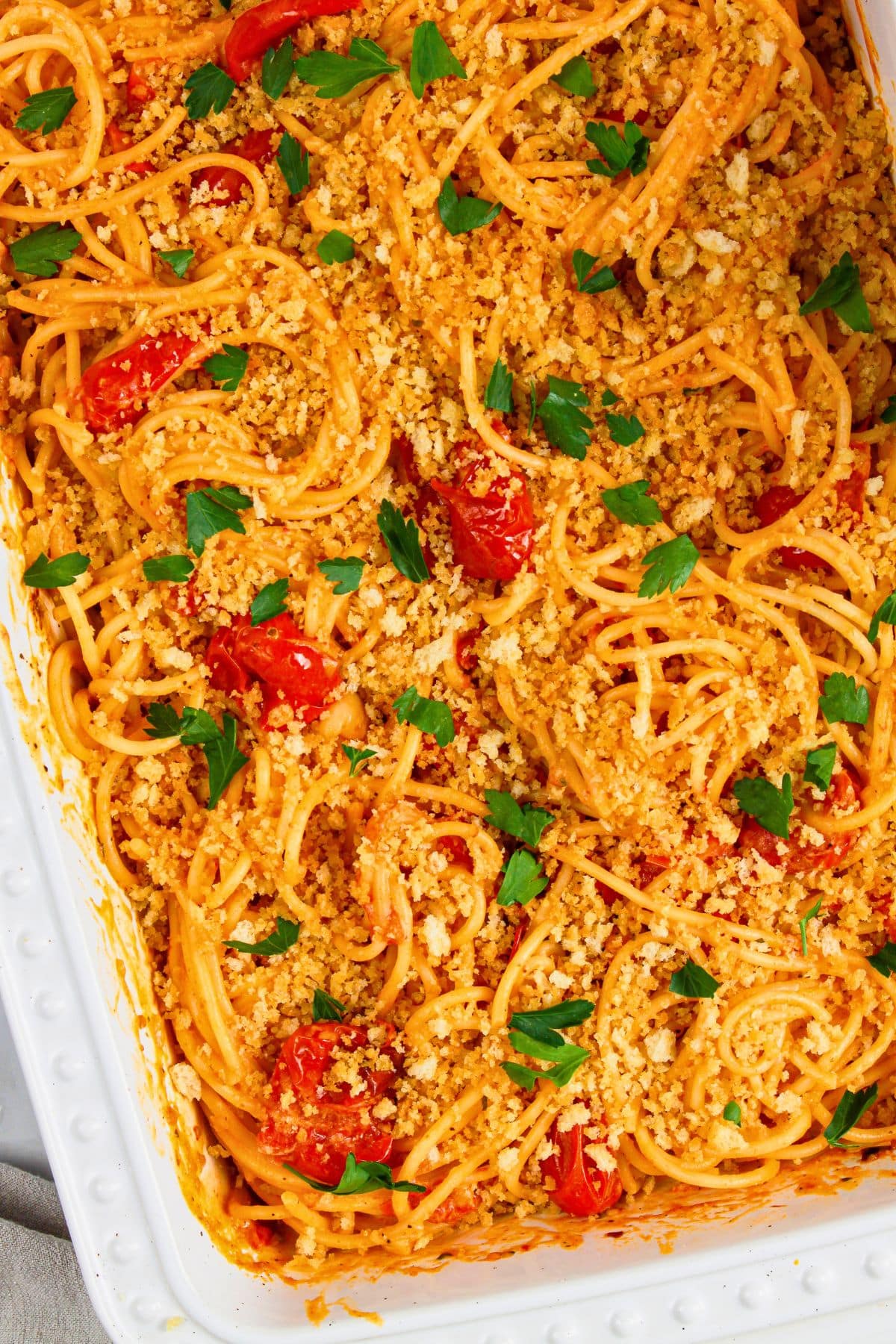 Boursin tomato pasta in a baking dish.