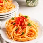Plate of boursin tomato pasta.