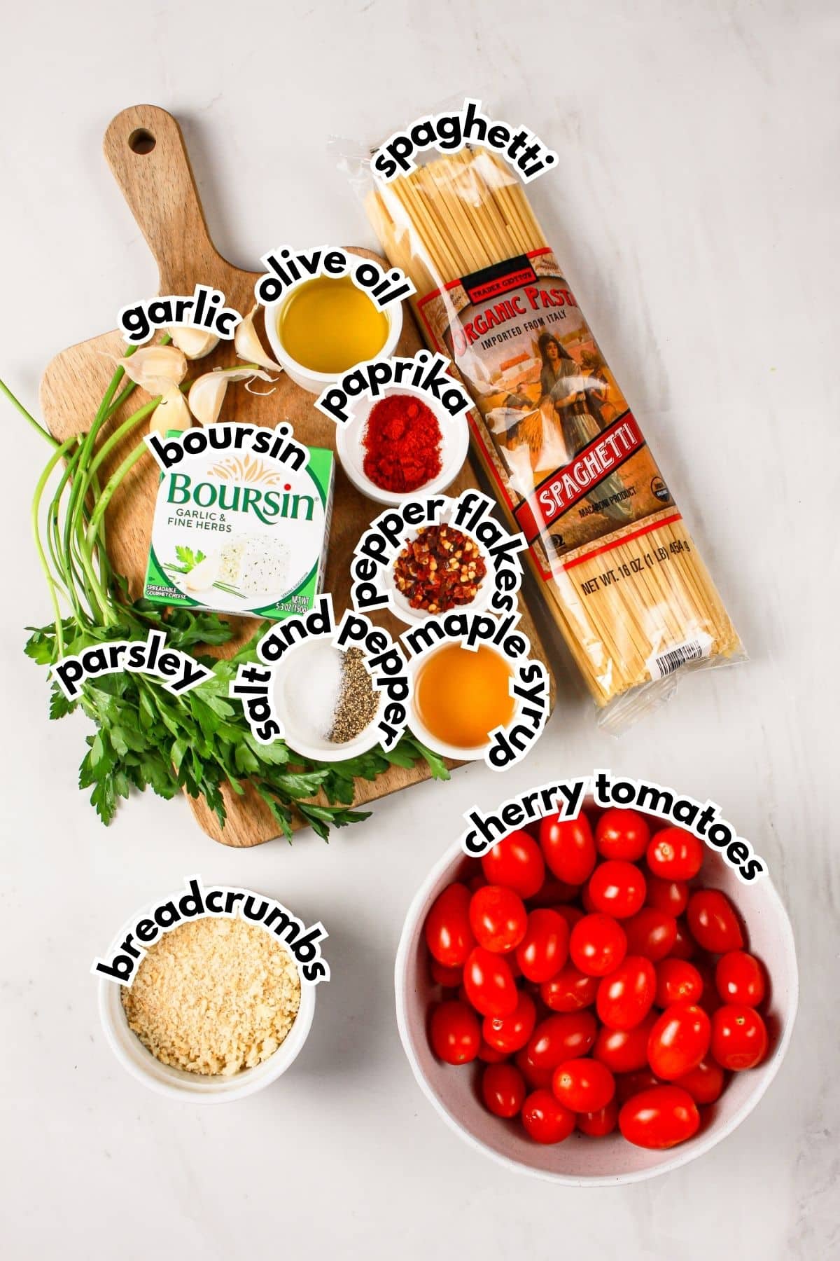 Bowls of ingredients labeled with text.