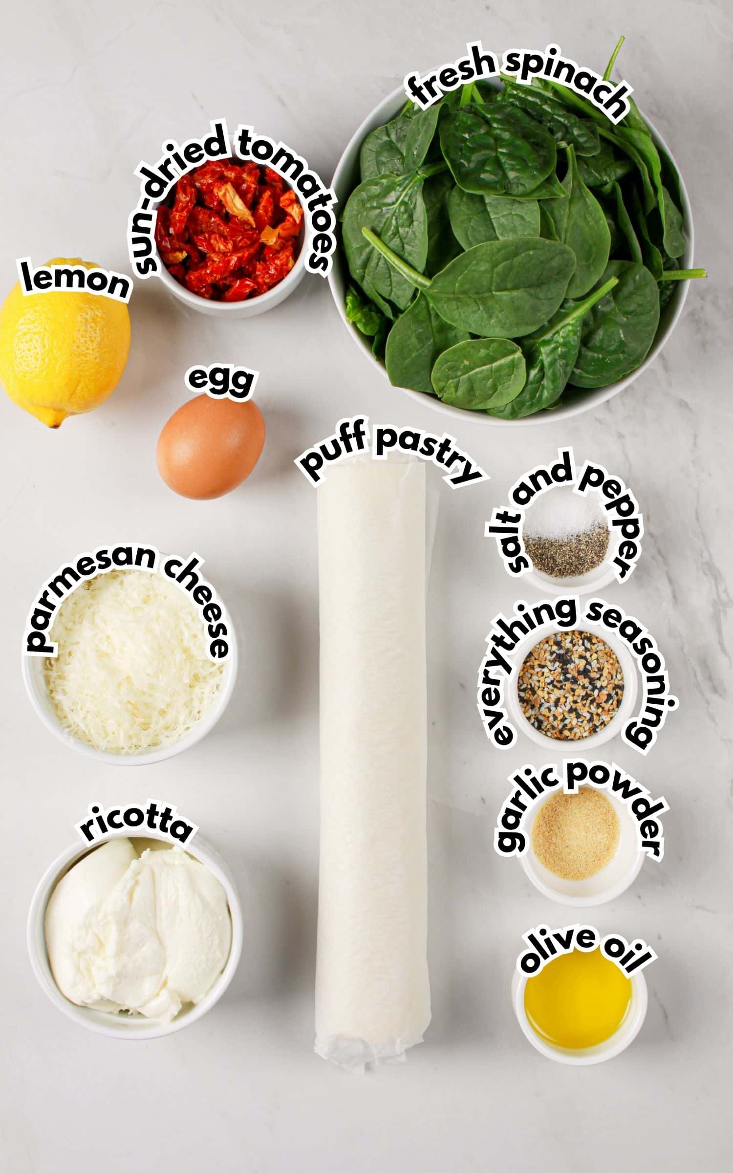 Ingredients on a counter labeled with text.