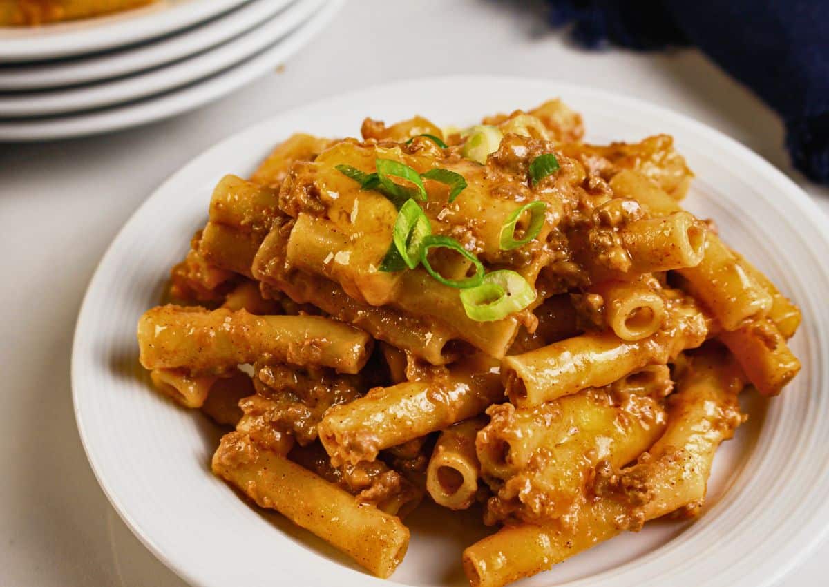 Small plate of cheesy taco pasta bake.