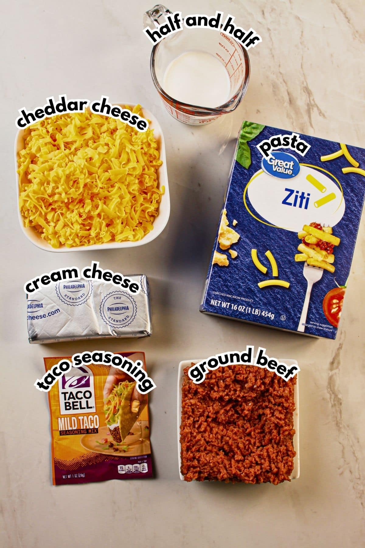 Ingredients labeled with text on a counter.