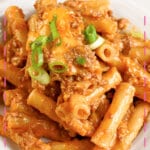 Small plate of cheesy taco pasta bake.