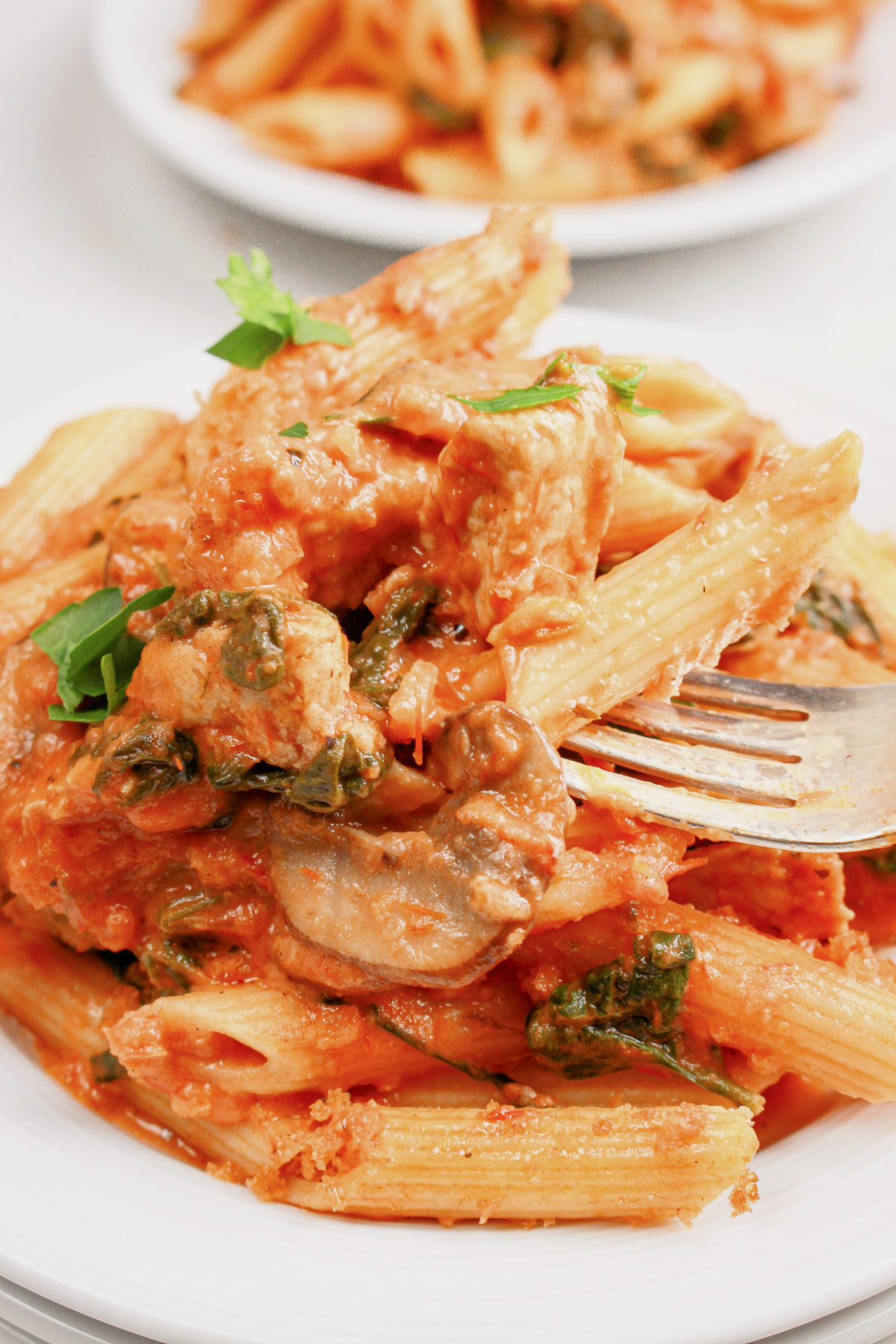 Serving of chicken parmesan pasta skillet on a small plate.