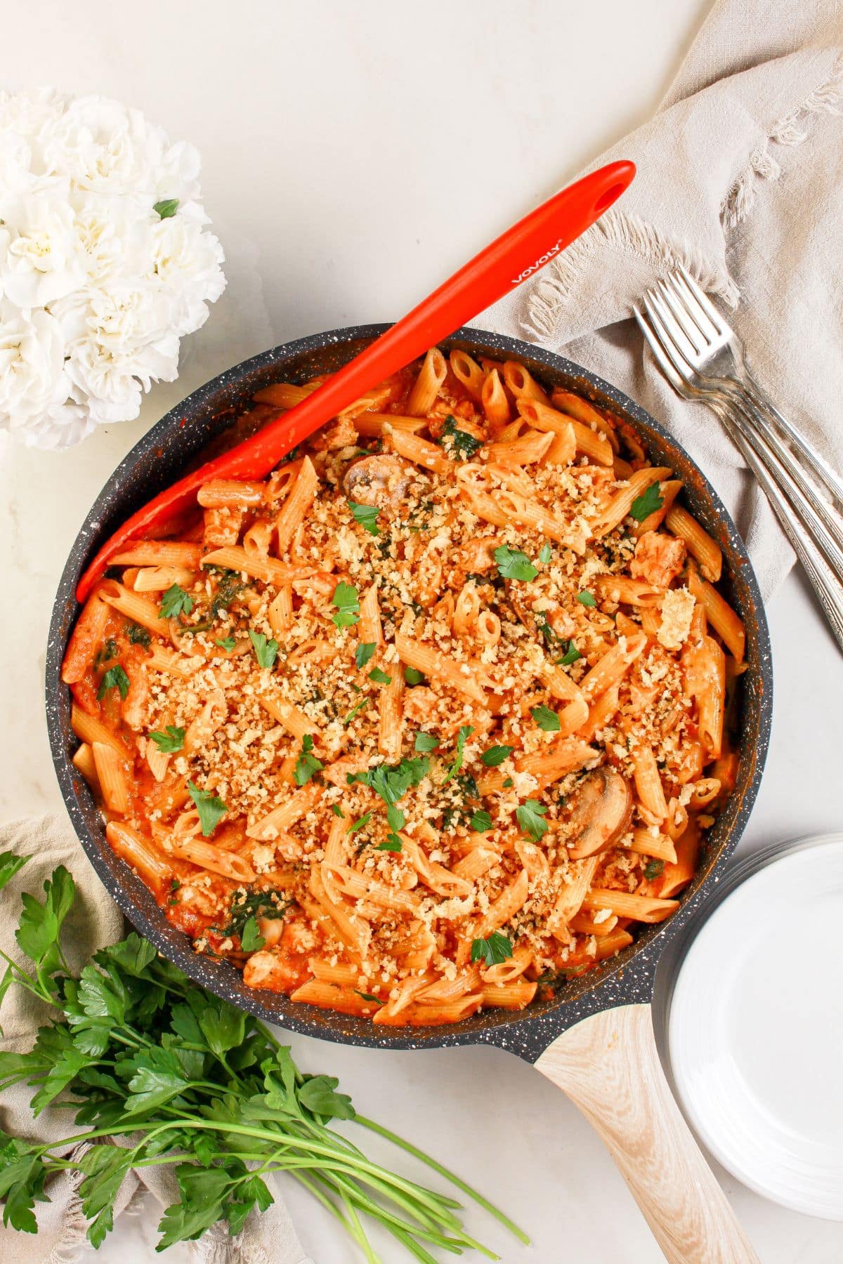 Chicken parmesan pasta skillet in a pan.