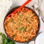 Chicken parmesan pasta skillet in a pan.